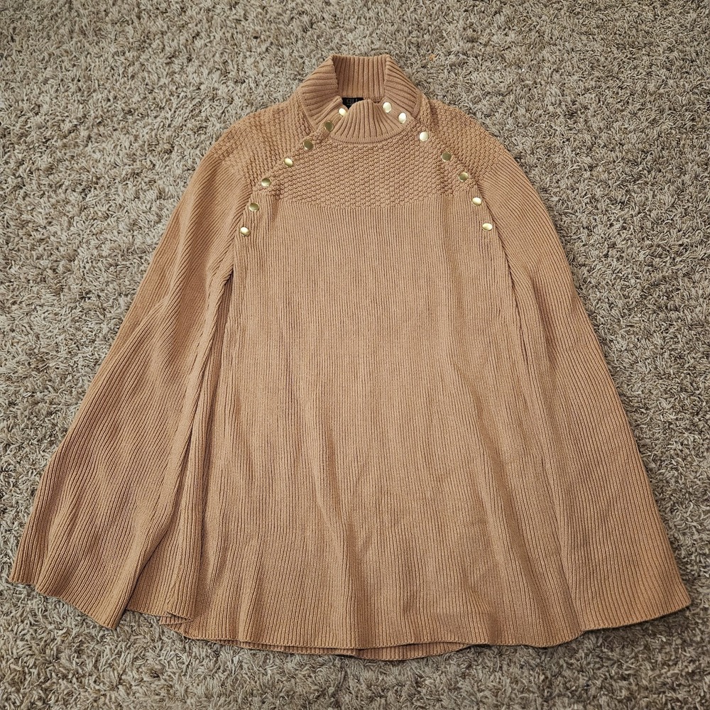 G.I.L.I. Tan Sweater Cape‎ Poncho Gold Button Detail Size M/L Knit Boho Chic